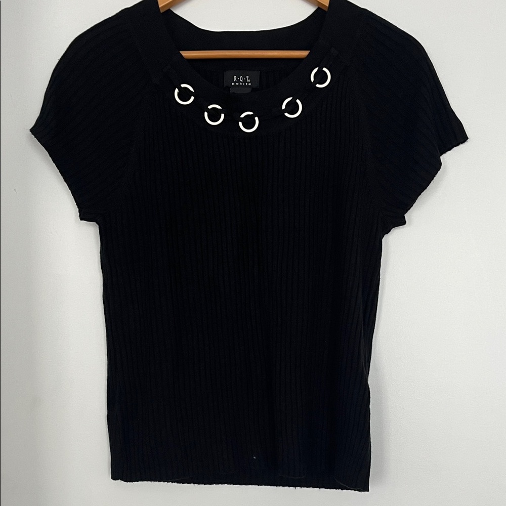 Elegant Black Short Sleeve Top with Silver Accents